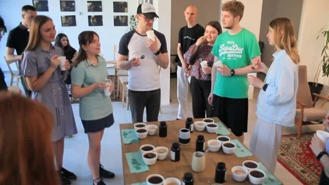 Group of people standing on table in restaurant Stock Footage 197484580