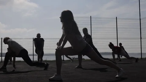Group people stretching legs a workout session Stock Footage 80410515