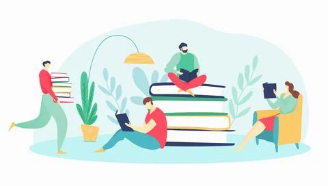 Group of people student together reading textbook, tiny character sitting book 스톡 일러스트