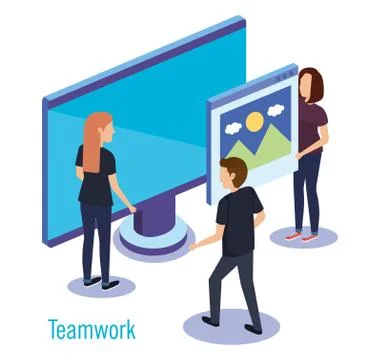 Group of people teamwork with computer Stock Illustration