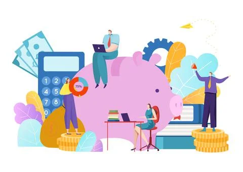 Group of people tiny business character sitting piggy bank, money monetary 스톡 일러스트