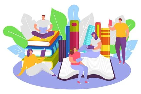 Group of people tiny character read book obtain knowledge, male and female Stock Illustration