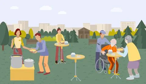 Group of people together help elderly human, volunteer care about disabled scene Stock Illustration