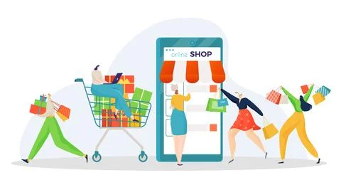 Group of people together queue online shopping, internet web mobile phone Stock-Illustration