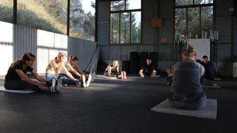 A group of people train in the "Chemal laguna" training camp. Stock Footage 139951426