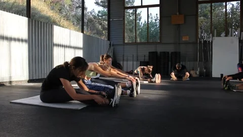 A group of people train in the "Chemal laguna" training camp. Stock Footage 139951444