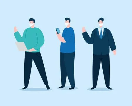 Group people using face mask with devices electronics Illustrazione stock