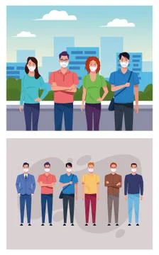 Group of people using face mask for corona virus on the city Stock Illustration