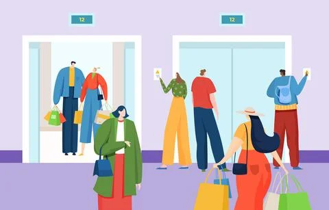 Group people waiting for elevator, modern multi-storey building with high-speed イラスト素材