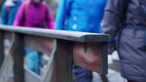 A group of people walking in on a bridge. daytime Stock Footage 233900531