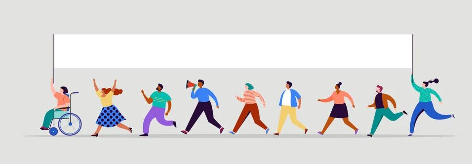 Group of people, walking with flags. Crowd of women and men at a demonstration Stock Illustration