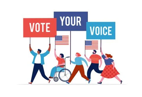 Group of people, walking with flags to elections. Crowd of women and men at a Stock Illustration