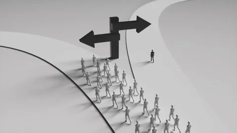 Group of People Walking in One Direction While Lone Figure Stands at Crossroads, Video stock 300564542