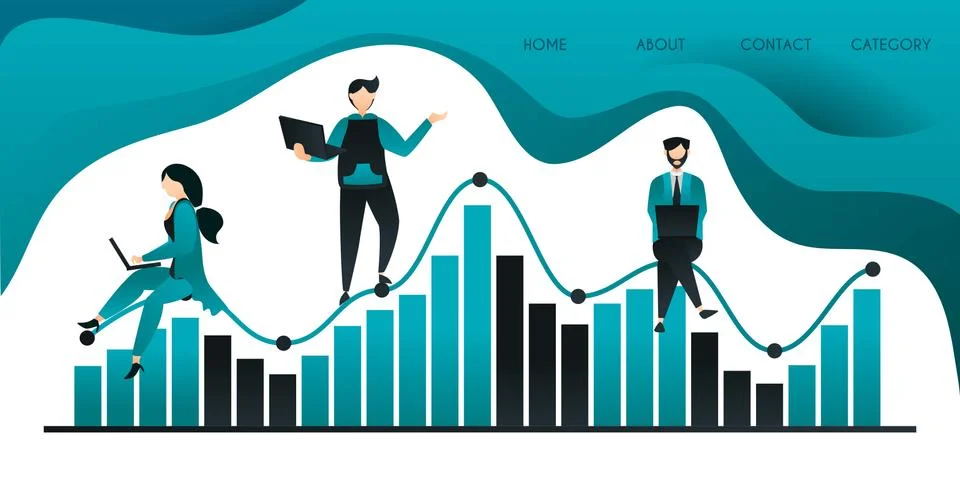 Group of people who are climbing or sitting on a statistical table concept ca Stock Illustration