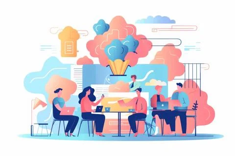 A group of people work together as team work concept flat illustration back.. Stock Photos