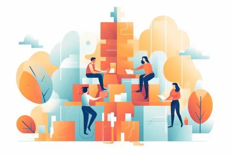 A group of people work together as team work concept flat illustration back.. Stock Photos