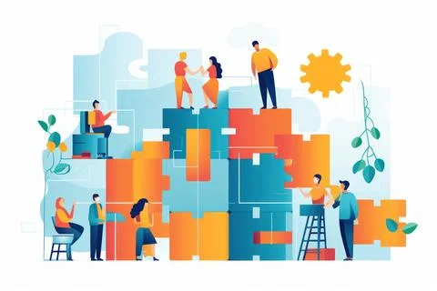 A group of people work together as team work concept flat illustration back.. Stock Photos