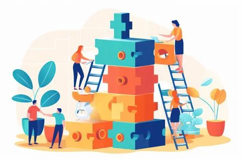 A group of people work together as team work concept flat illustration back.. Stock Photos