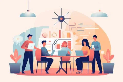 A group of people work together as team work concept flat illustration back.. Stock Photos