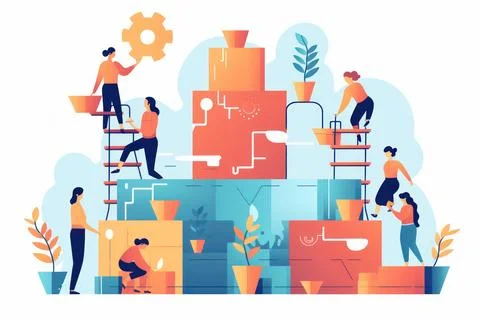 A group of people work together as team work concept flat illustration back.. Stock Photos