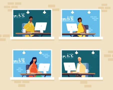 Group of people working in computers desktops in the workplaces windows scenes イラスト素材