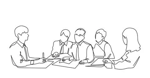 Group of people working continuous one line vector drawing. Students preparin Illustrazione stock