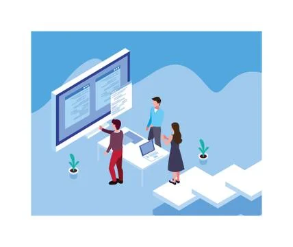 Group of people working in front of computer screen Stock Illustration