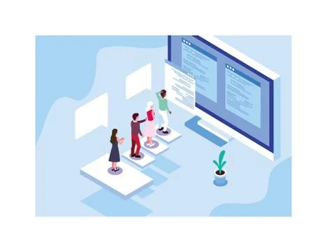 Group of people working in front of computer screen Stock Illustration
