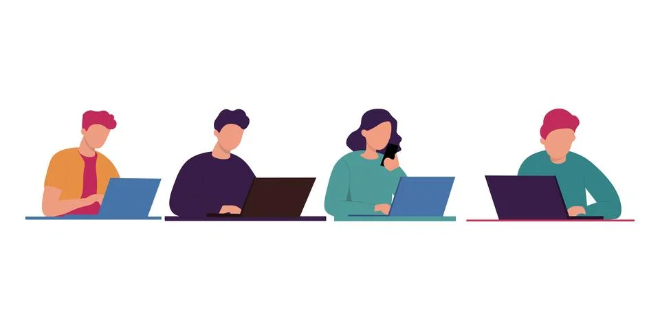 Group of People Working on Laptops Flat Vector Illustration Stock Illustration