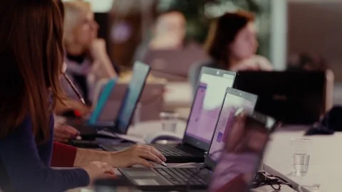 Group of people working on laptops hands Stock Footage 96412501