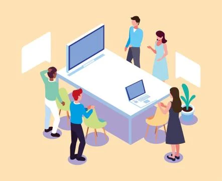 Group of people working on a project, a team analytic brainstorming method Stock Illustration