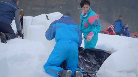 A group of people working together for ice sculpting. Stock Footage 125583793