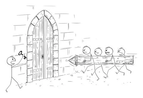 Group of Person Attacking Gate with Battering Ram but There is Key, Vector Stock Illustration