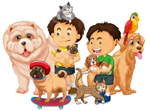 Group of pet with owner on white background イラスト素材