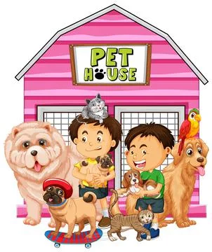 Group of pet with owner on white background Stock Illustration