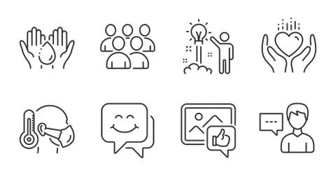 Group, Like photo and Creative idea icons set. Hold heart, Wash hands and Smile Illustrazione stock