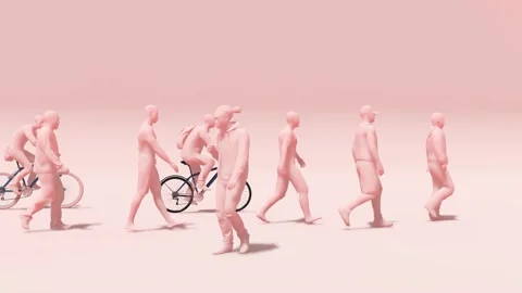 Group of Pink Human Models Walking with Bicycles Stock Footage 312998350