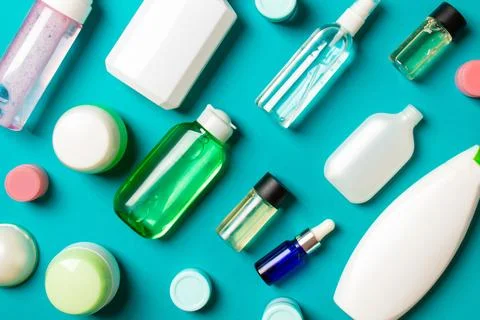 Group of plastic bodycare bottle Flat lay composition with cosmetic products  Stock Photos