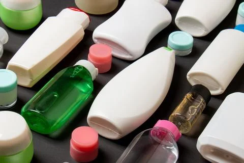 Group of plastic bodycare bottle Flat lay composition with cosmetic products  Stock Photos