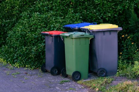 Group of plastic trash cans whit multicolored lid. Stock Photos