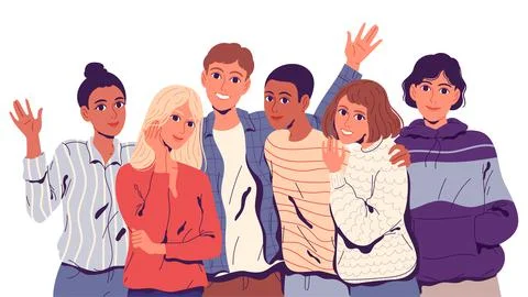 Group portrait of affable friendly close-knit and hugging young people Stock Illustration