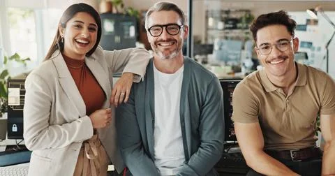 Group, portrait and partnership for coding, programing and software engineer Stock Photos