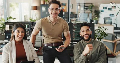 Group, portrait and smile for coding, programing and software engineer system Stock Photos