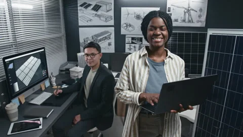Group Portrait of Two Diverse Solar Power Engineers in Office Stock Footage 307994291
