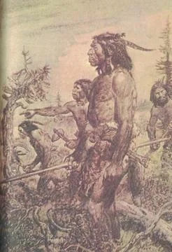 A group of prehistoric men on the hunt. Old colorful illustration. Vintage Illustrazione stock