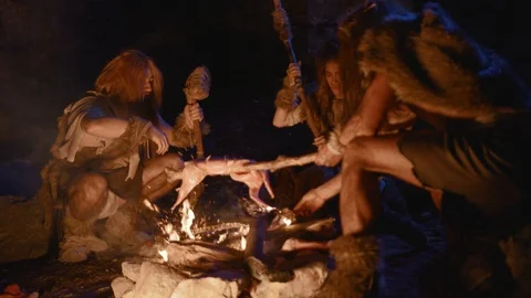 Group of primitive hunter-gatherers cooking meat on bonfire warming up. Ancient Stock Footage 116629691
