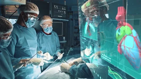 Group of professinal surgeon and nurses performing necessary heart surgery at Stock Footage 166007792