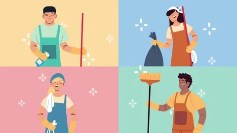 Group of professional cleaners posing with cleaning equipment in colorful a.. 動画素材 339072461