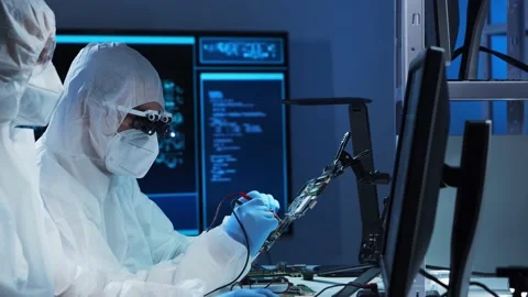 Group of professional engineer is developing a modern microprocessor in a Video stock 155699308