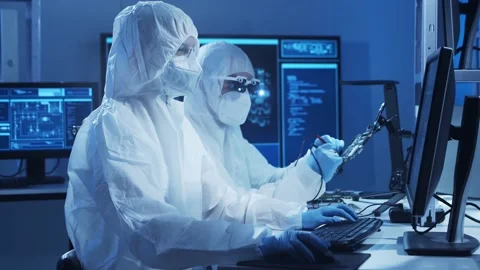 Group of professional engineer is developing a modern microprocessor in a Video stock 155699350